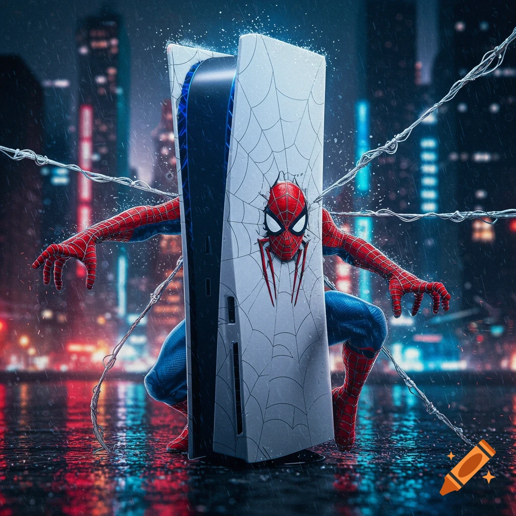 A stylized image of a PlayStation 5 console with Spider-Man's body emerging from behind and through it, covered in spider webs, set against a rainy, neon-lit cityscape background.