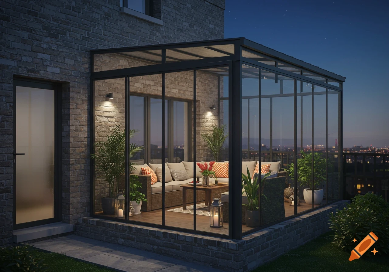 Photorealistic image of an illuminated enclosed glass patio with outdoor sofa, plants, and lanterns at night, overlooking a city.