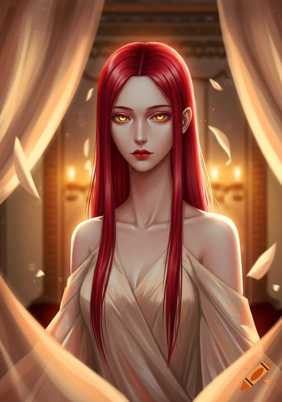 A manwha-style woman with long red hair and glowing golden eyes wears a draped dress, framed by curtains.