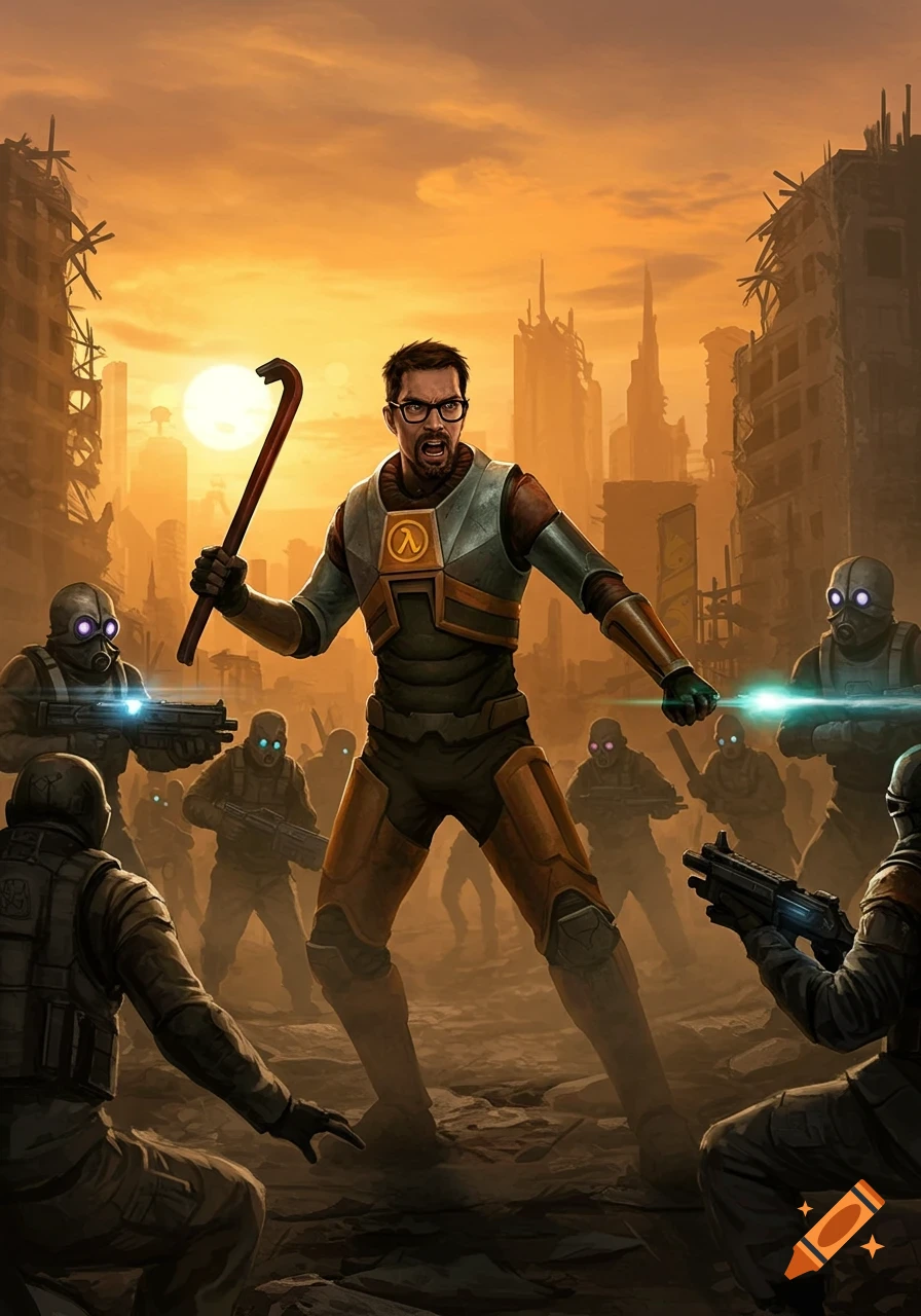 Gordon Freeman with a crowbar battles Combine soldiers in a ruined city at sunset, in a detailed concept art style.