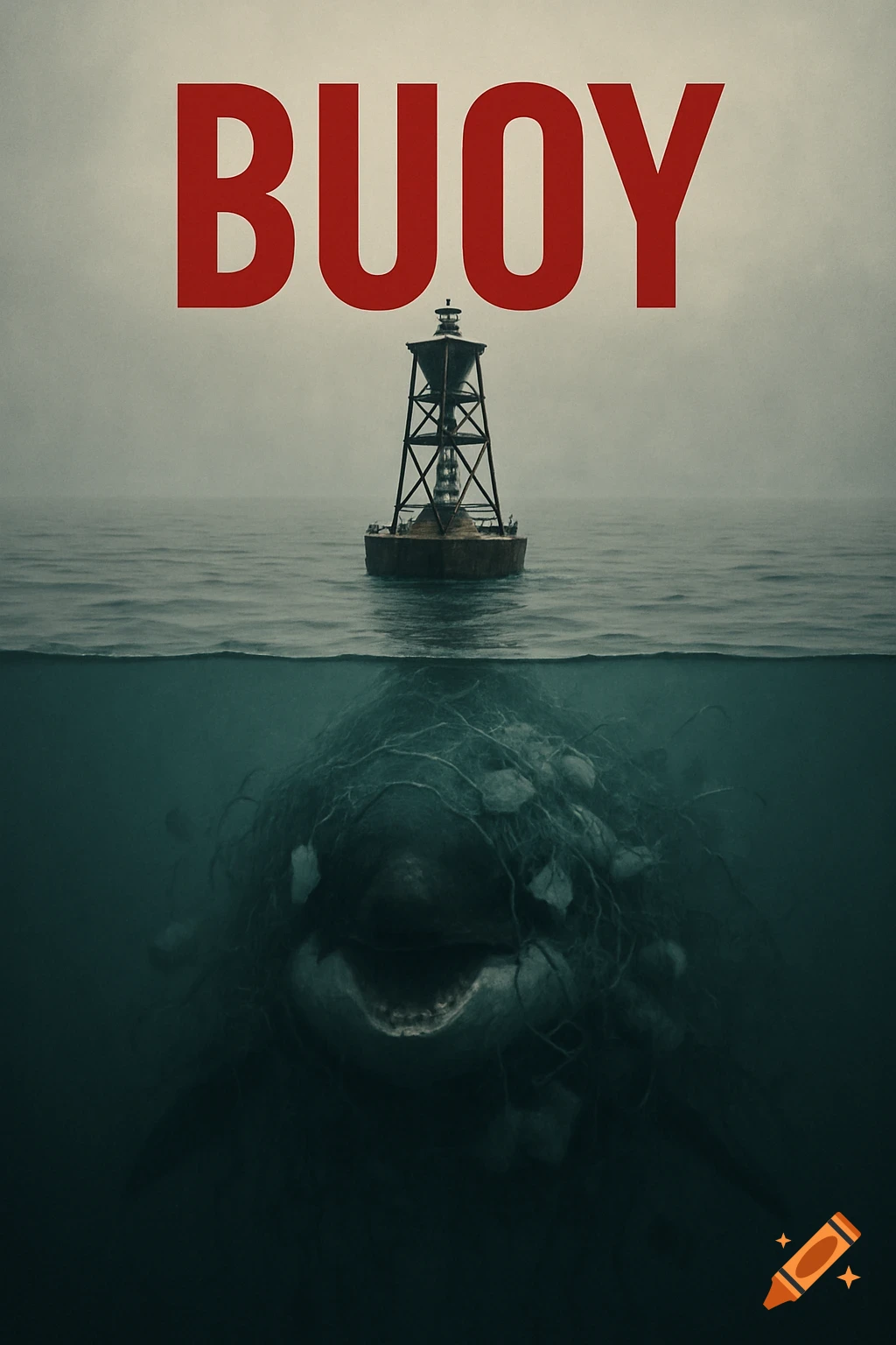 Red text "BUOY" above a bell buoy on a misty ocean. Below the surface, a menacing orca covered in plastic pollution faces forward with open jaws.