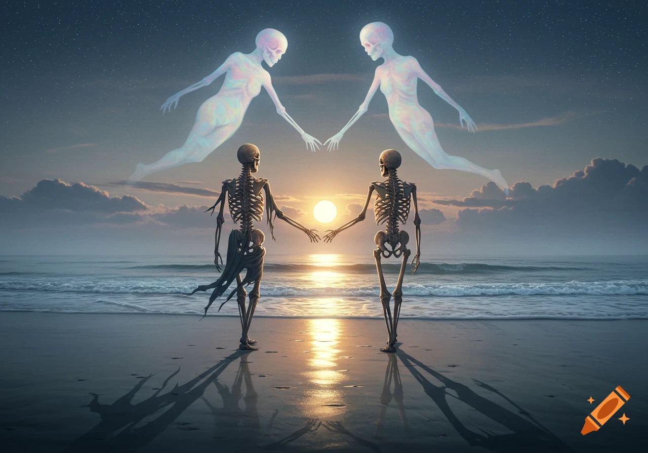Two skeletons hold hands on a beach at sunset, with their ethereal souls floating above, also reaching out.