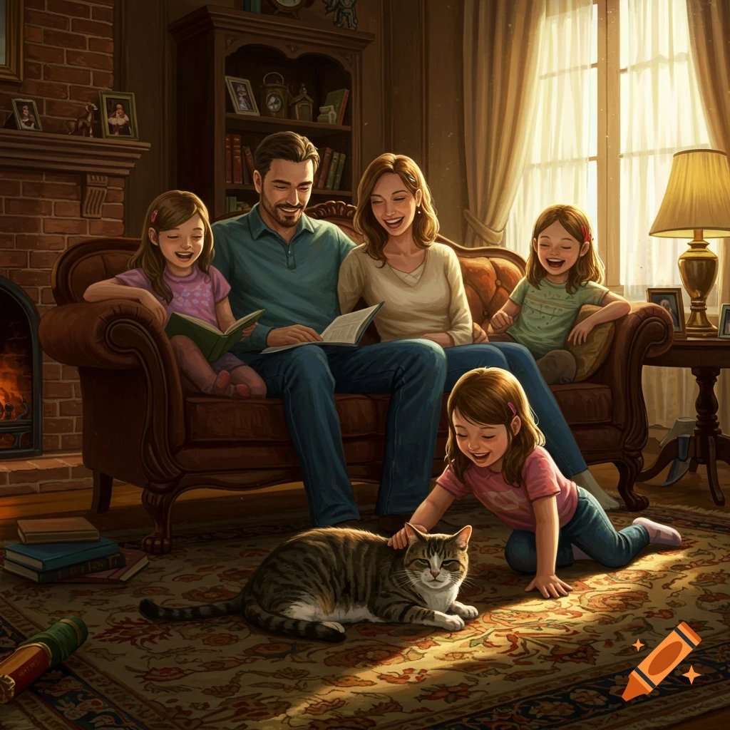 A family with two adults and two girls relaxing in a cozy living room with a cat; some are reading, one is petting the cat.