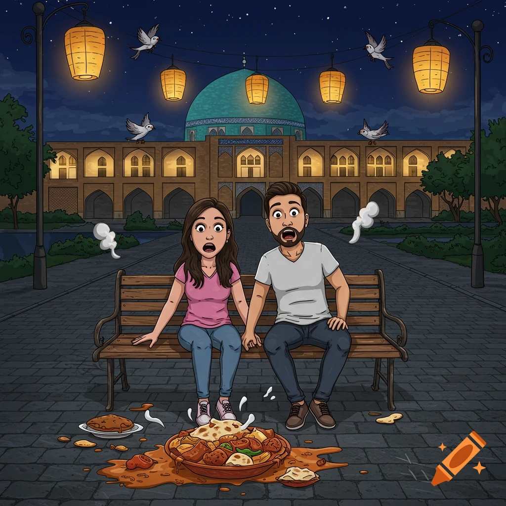 A cartoon couple sits surprised on a bench at night, looking at a spilled dish of Kalleh Pacheh in front of Khaju Bridge.