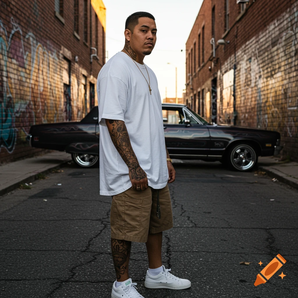 A man with tattoos poses in a gritty brick alley with graffiti and a classic black car behind him, photorealistic style.