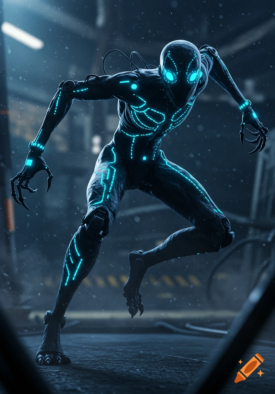 A lean, dark biomechanical creature with glowing blue lines and tech eyes crouches in a dynamic pose in a futuristic, snowy urban setting.