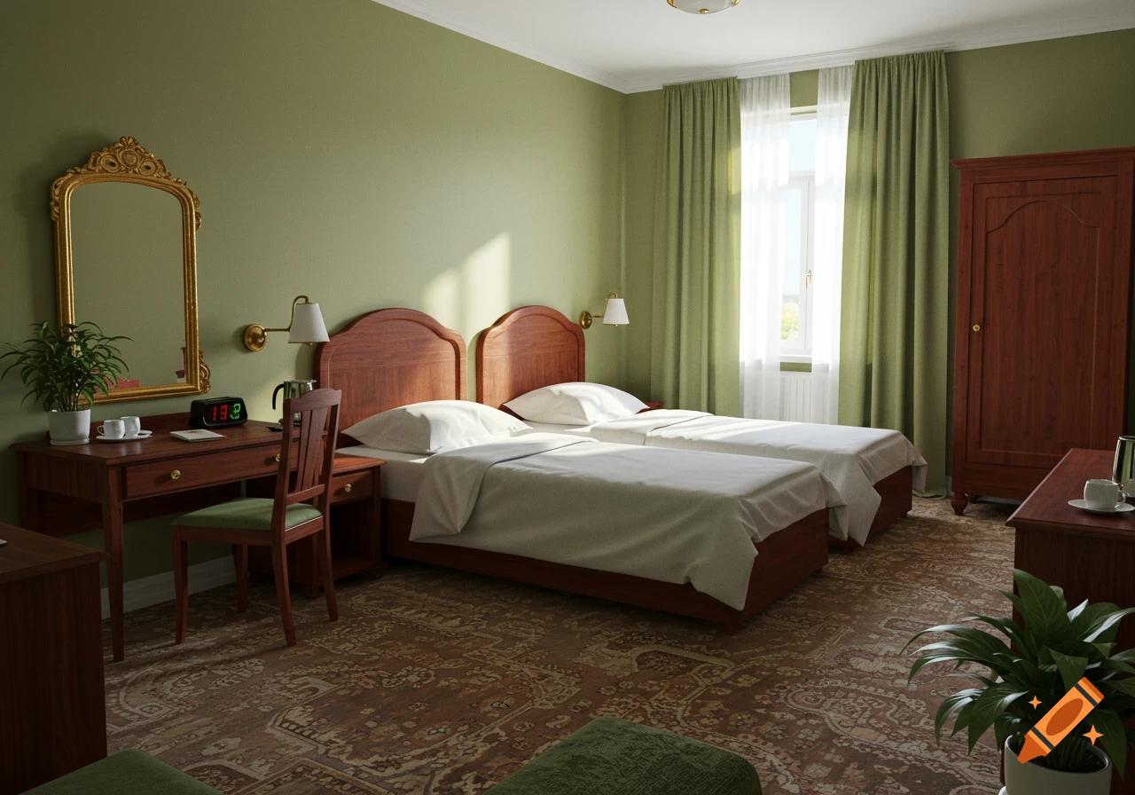 Photorealistic hotel room with two single beds, a desk, and a wardrobe, featuring green walls and curtains.