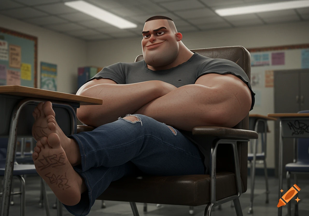 A muscular cartoon bully with a flat-top haircut smirks, leaning in a classroom chair with bare feet on a desk, graffiti on soles.
