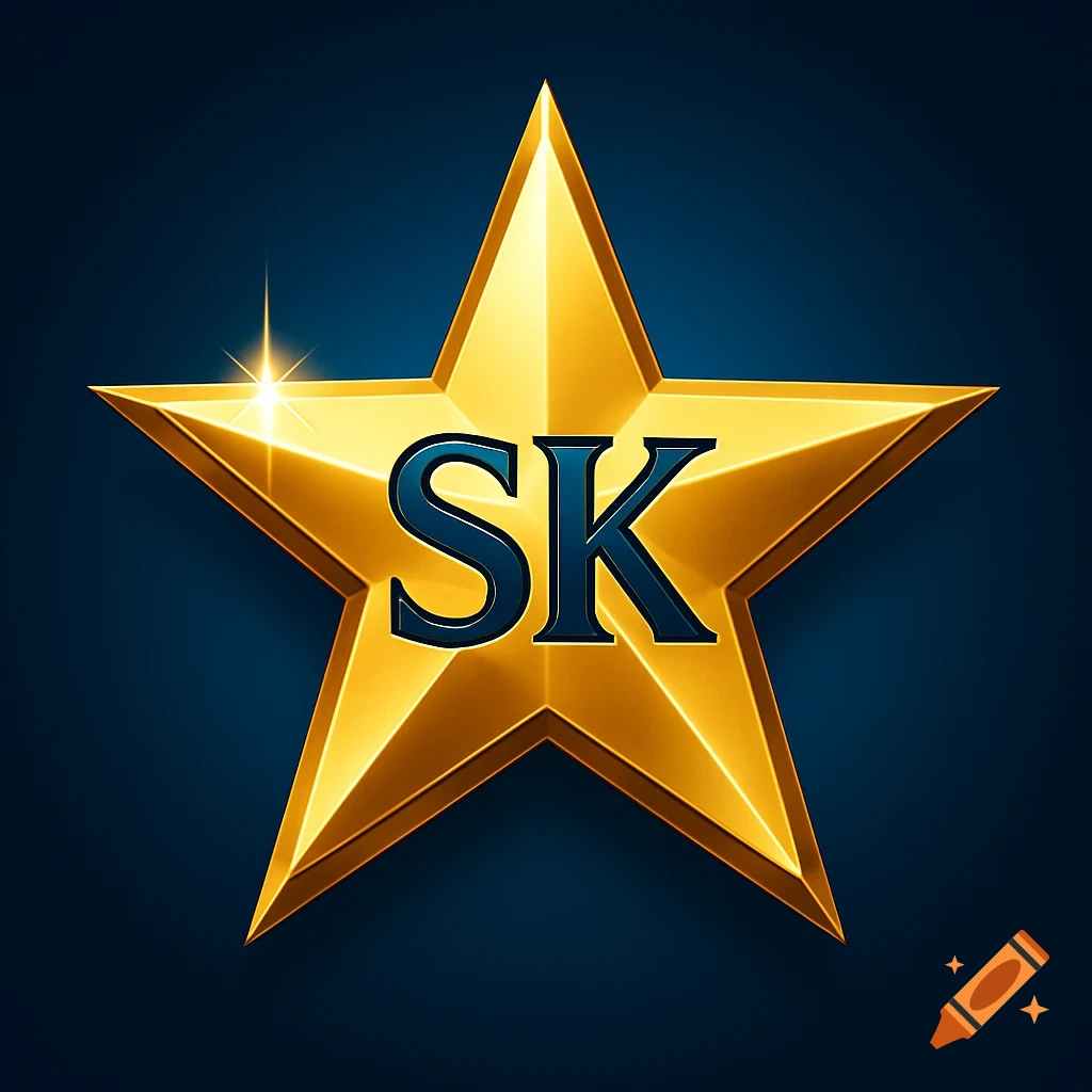 A shiny gold star with dark blue 'SK' letters in the center against a deep blue background.