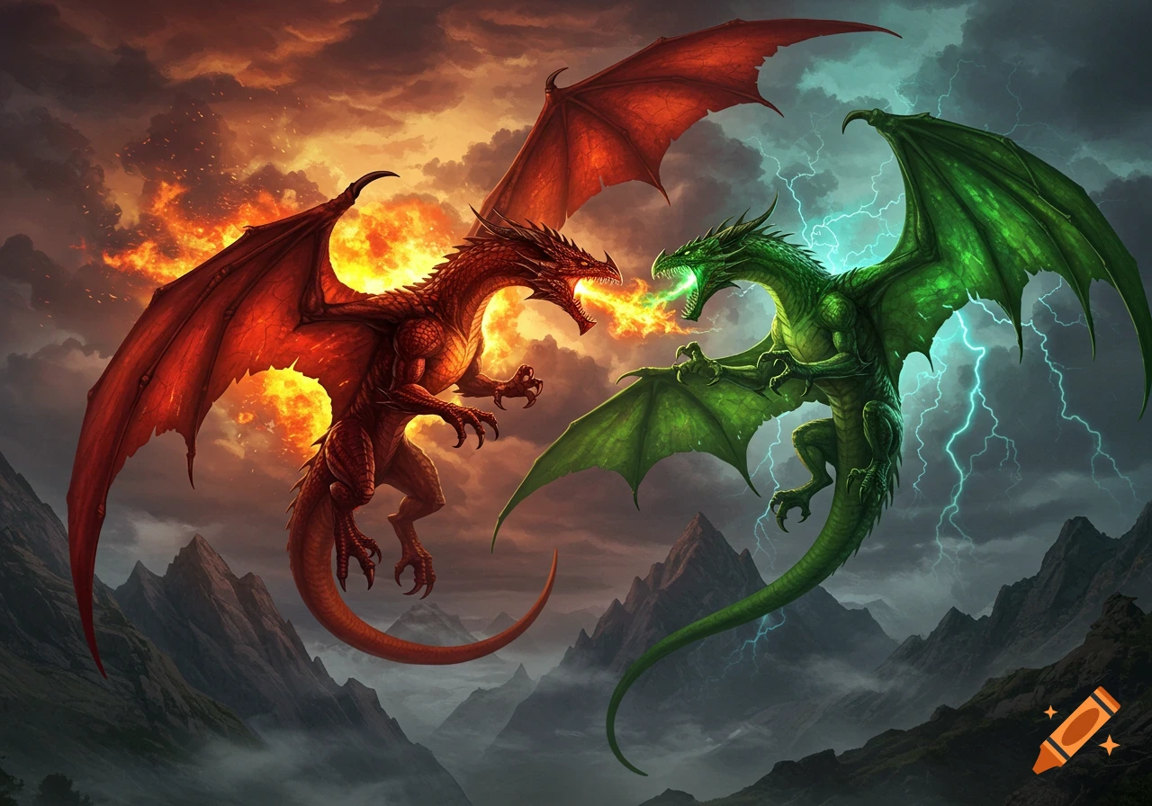 A red dragon breathing fire fights a green dragon breathing lightning in a stormy mountain landscape, fantasy art.