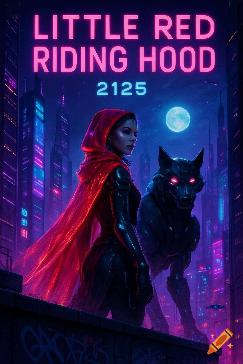 Cyberpunk Little Red Riding Hood with a robot wolf on a neon-lit futuristic city rooftop at night. Text: 'LITTLE RED RIDING HOOD 2125'.
