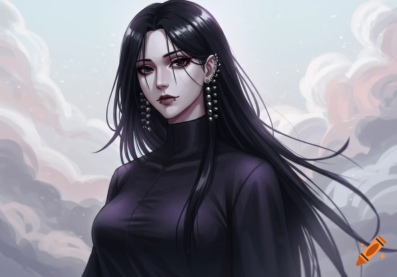 An anime-style portrait of a woman with long black hair, pale skin, dark eyes, a nose piercing, and multiple ear piercings, against a cloudy sky.