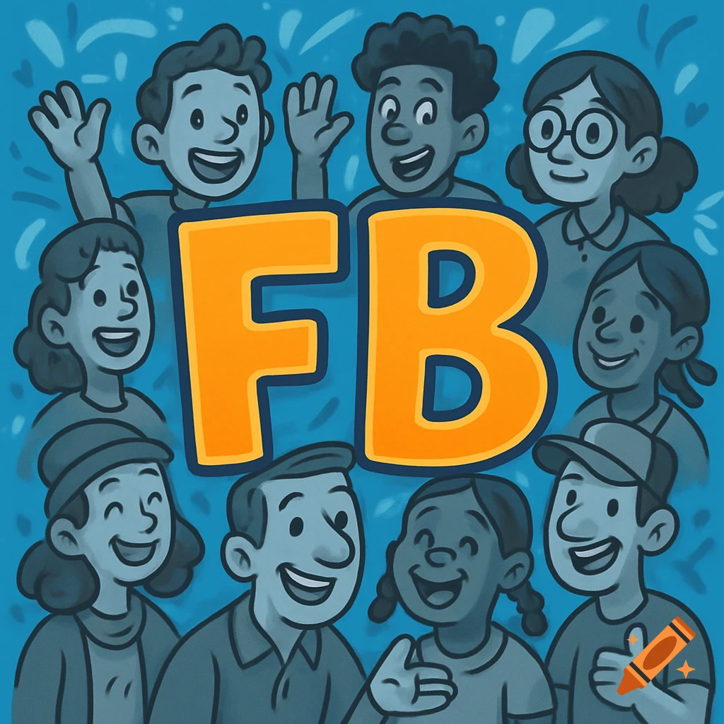 Cartoon illustration of diverse, smiling people surrounding large orange 'FB' letters on a blue background.