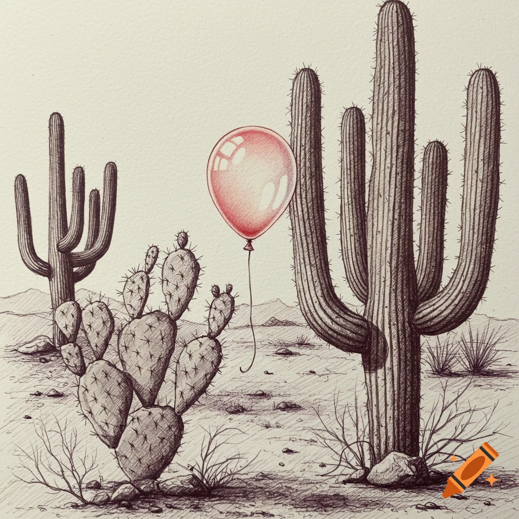A red balloon floats between two saguaro cactuses and a prickly pear cactus in a ballpoint drawing of a desert landscape.