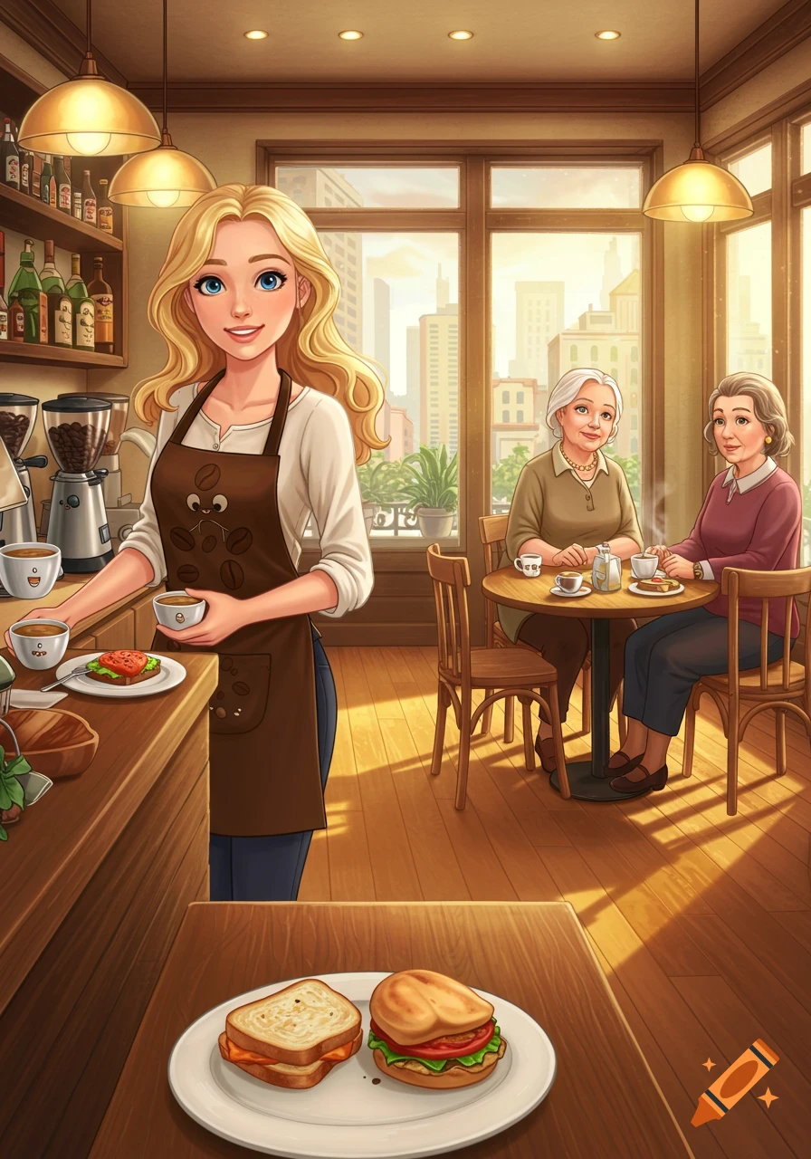 A blonde barista smiles while serving coffee in a bright cafe, with two women seated at a table in the background.