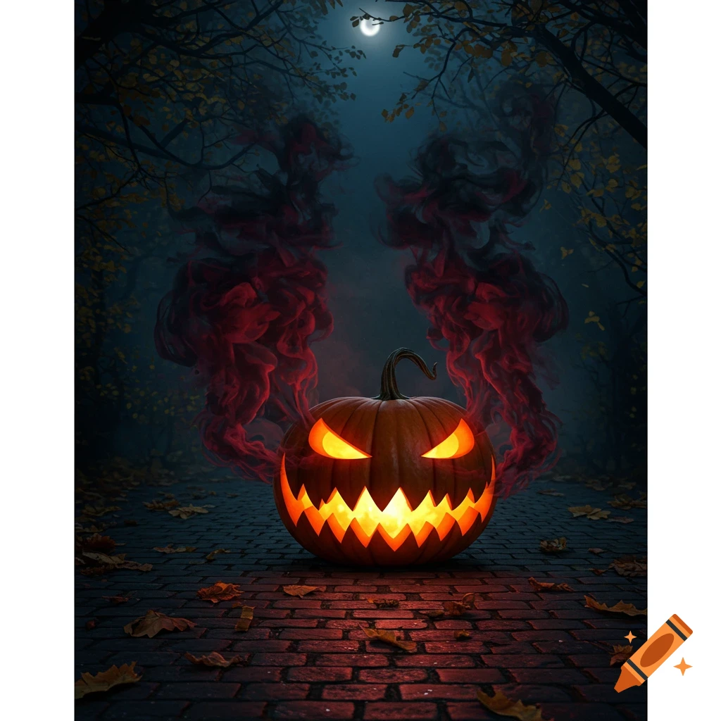 A glowing jack-o'-lantern on a path with fall leaves in a dark forest at night, with red and black smoke rising behind it under a full moon.
