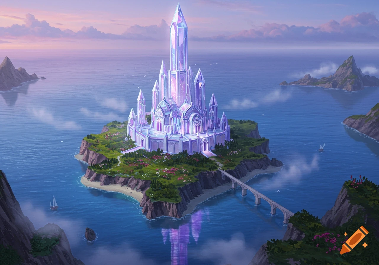A fantastical crystal palace with purple highlights on a lush island, surrounded by ocean, smaller islands, and a twilight sky.