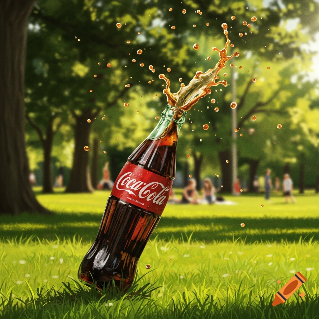 A photorealistic image of a Coca-Cola bottle splashing soda in a sunny, grassy park with blurred people in the background.