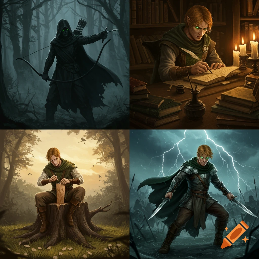 A 2x2 grid depicting a fantasy adventurer with ginger hair and green eyes in four scenes: an archer in a dark forest, writing at a desk, carving wood, and wielding daggers in battle.