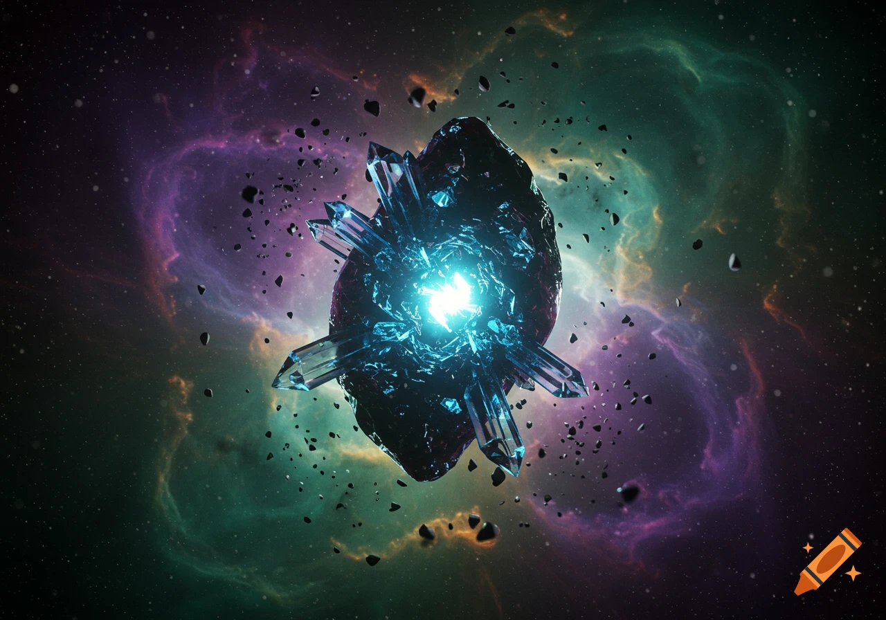A glowing blue crystal artifact floats in a purple and green nebula, surrounded by debris.
