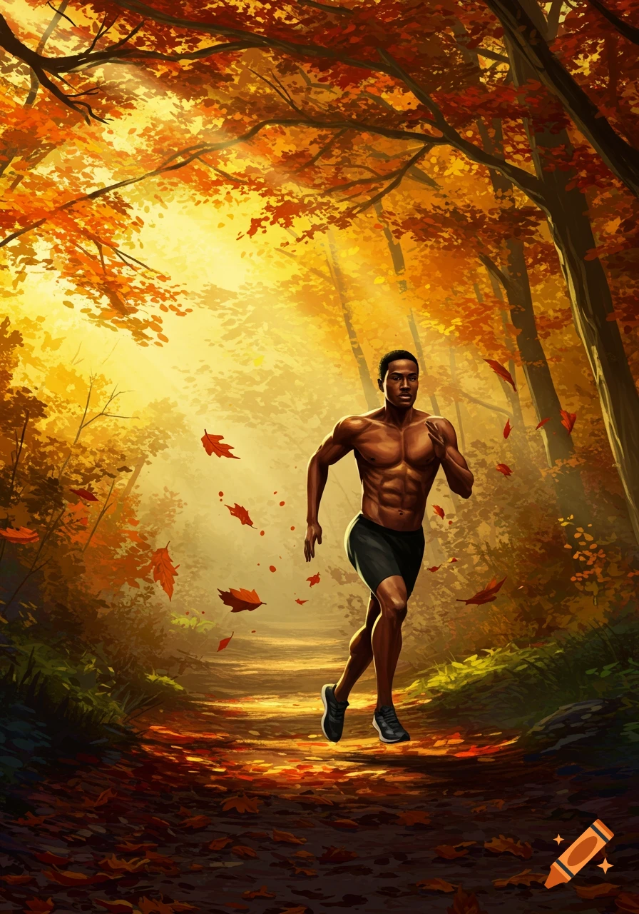 A muscular man runs on a sunlit forest trail surrounded by vibrant orange and red autumn leaves in an illustration.