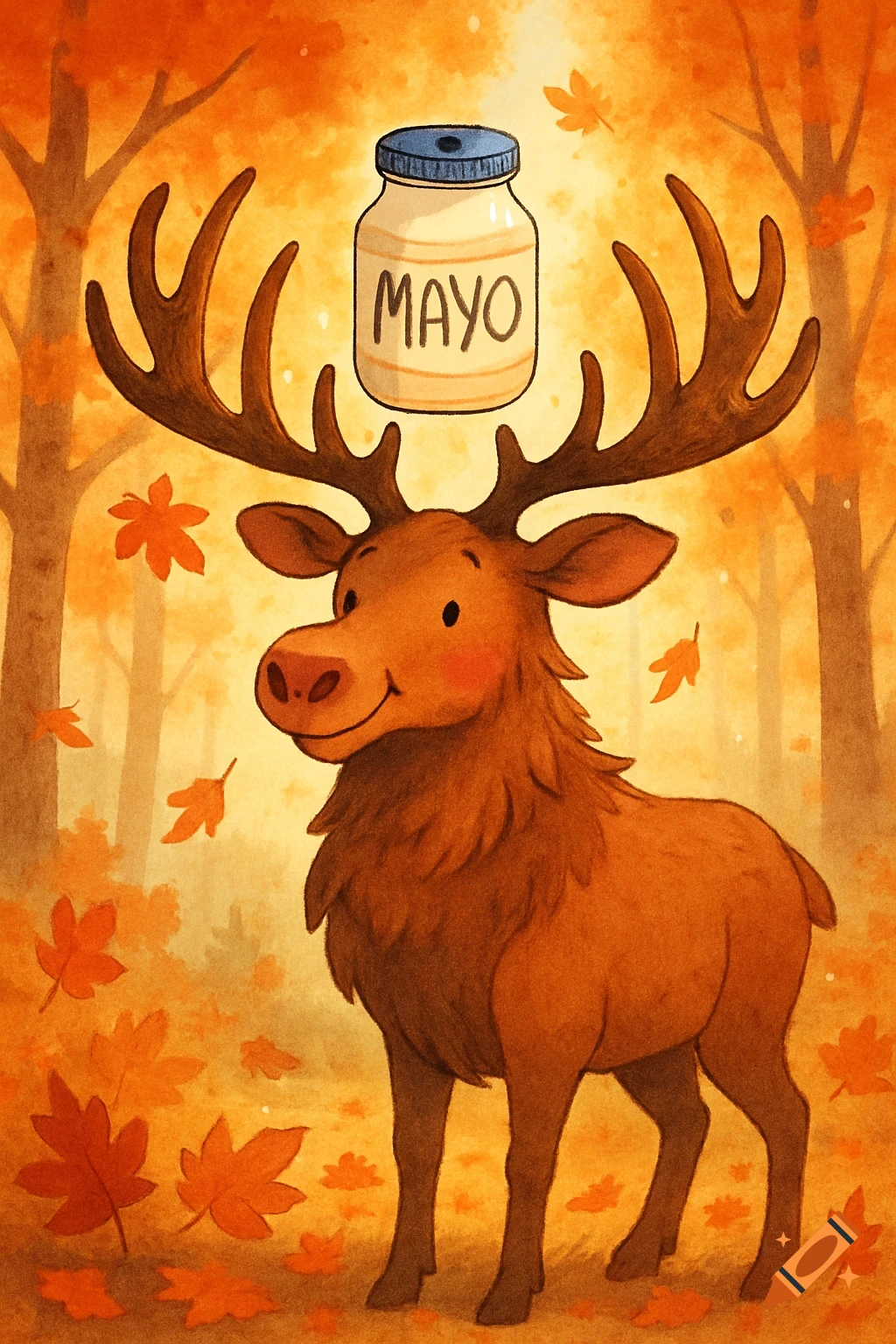 A cartoon elk stands in an autumn forest, holding a jar of mayonnaise labeled 'MAYO'.