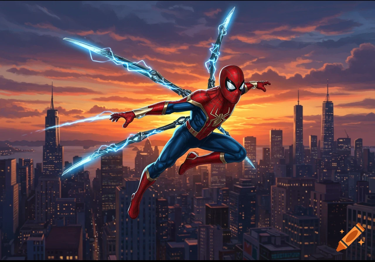 Spiderman with glowing mechanical arms flies over a city skyline at sunset in a dynamic comic art style.