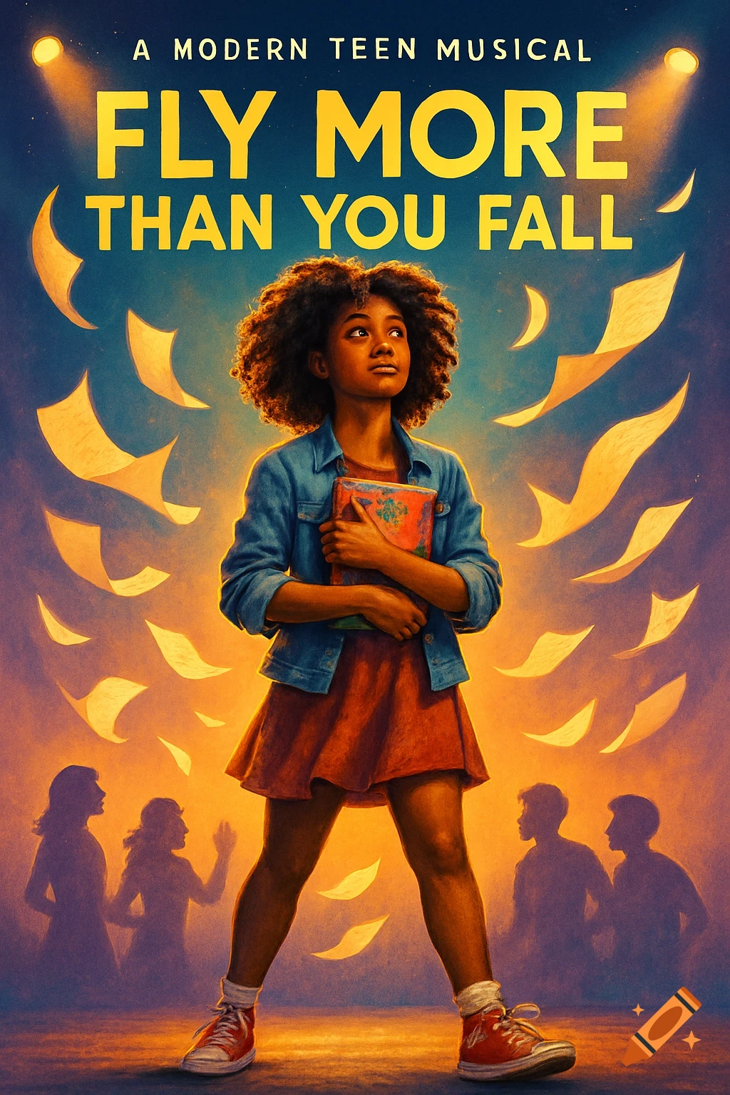 A modern teen musical poster titled "Fly More Than You Fall," featuring a determined Black teenage girl on stage amidst floating papers.