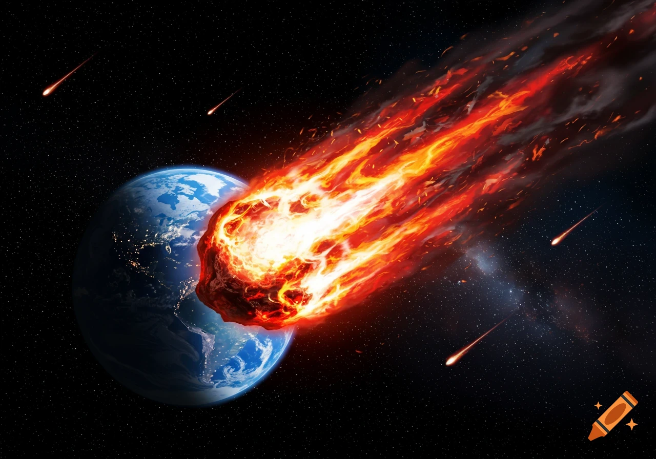 A large, fiery meteor with a blazing tail races towards a blue and green Earth in the dark expanse of space, surrounded by stars and smaller meteorites.