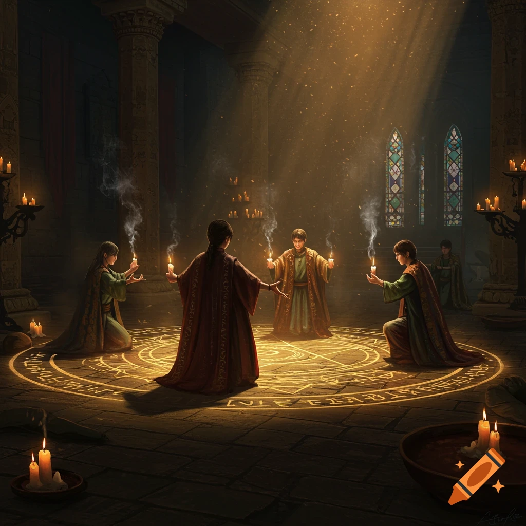 Four robed figures perform a candlelit ritual in a dark temple with glowing symbols on the floor and stained glass windows.