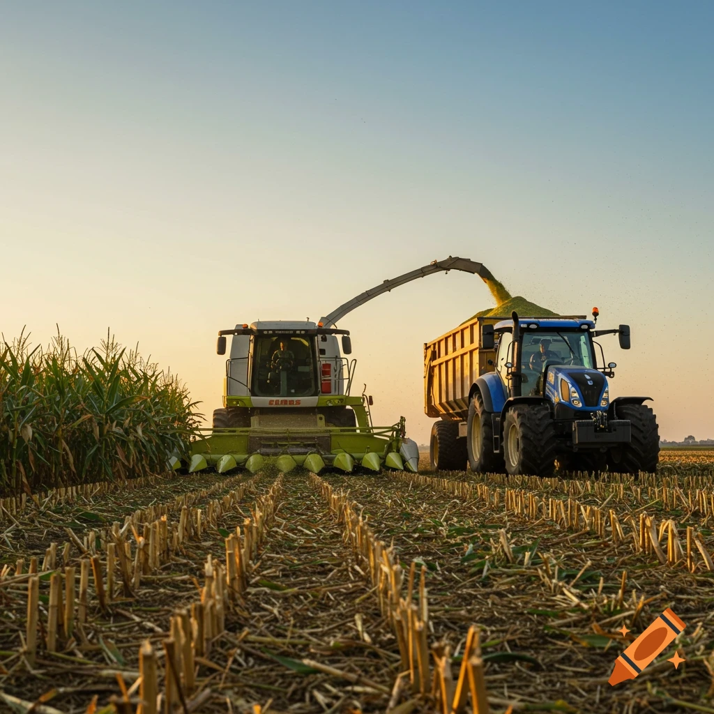 A Claas combine harvester cuts corn, loading it into a New Holland tractor's trailer in a golden afternoon light, photorealistic.