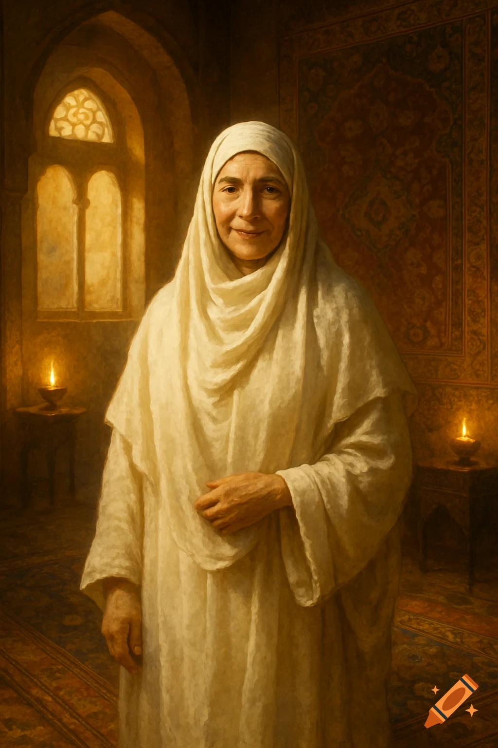 A painting of an older woman in a white hijab and robes standing in a dimly lit, richly decorated room with an arched window and two lit candles.