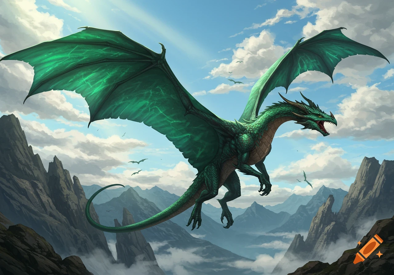 A large, emerald green dragon with vast wings soars majestically through a cloud-filled mountain range under a bright blue sky.