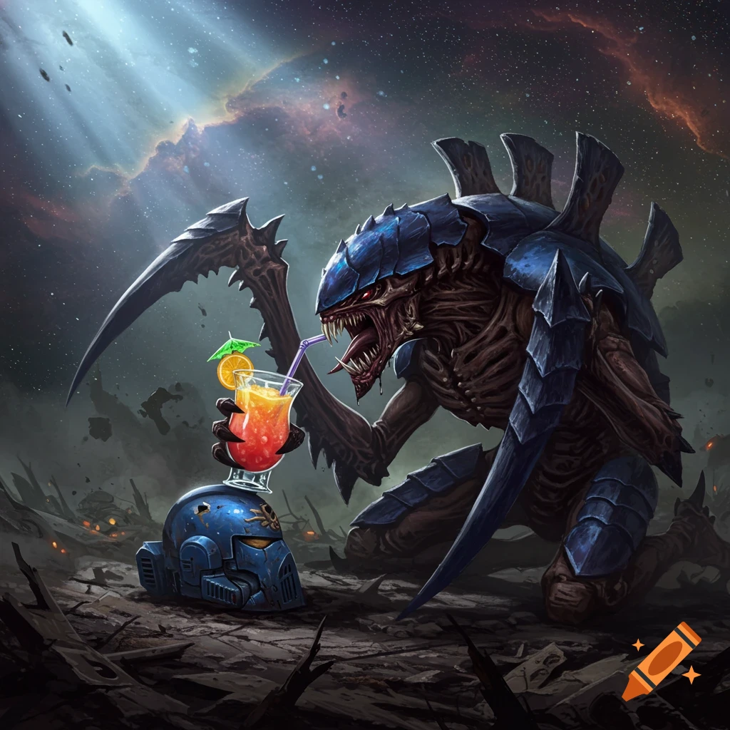 A monstrous blue Tyranid alien sips a fruit punch cocktail from a Space Marine helmet in a cosmic, war-torn landscape, digital art.
