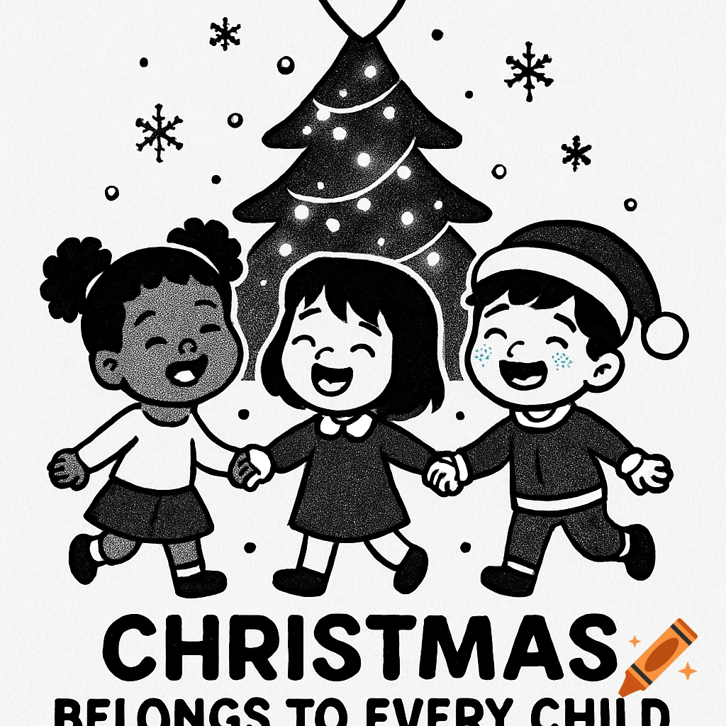 Black and white illustration of three diverse children holding hands in front of a Christmas tree, with text 'Christmas Belongs to Every Child'.