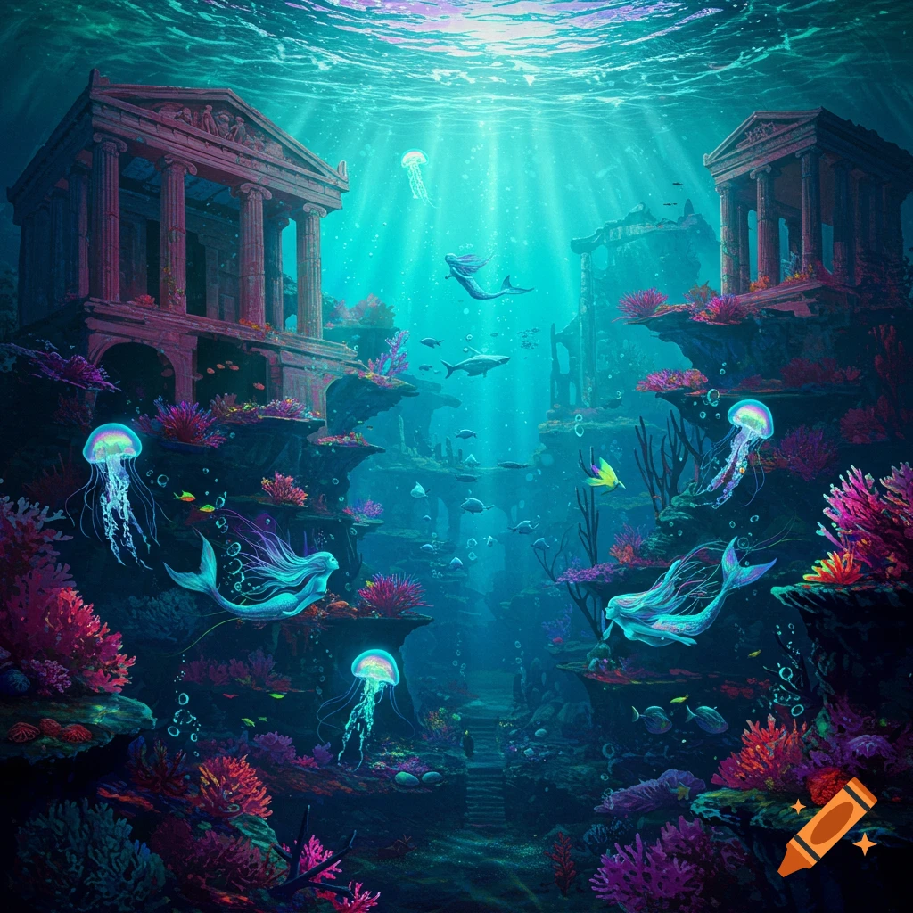 Vibrant fantasy art of an underwater Atlantis scene with ancient ruins, colorful coral, glowing jellyfish, and mermaids swimming amongst neon fish.