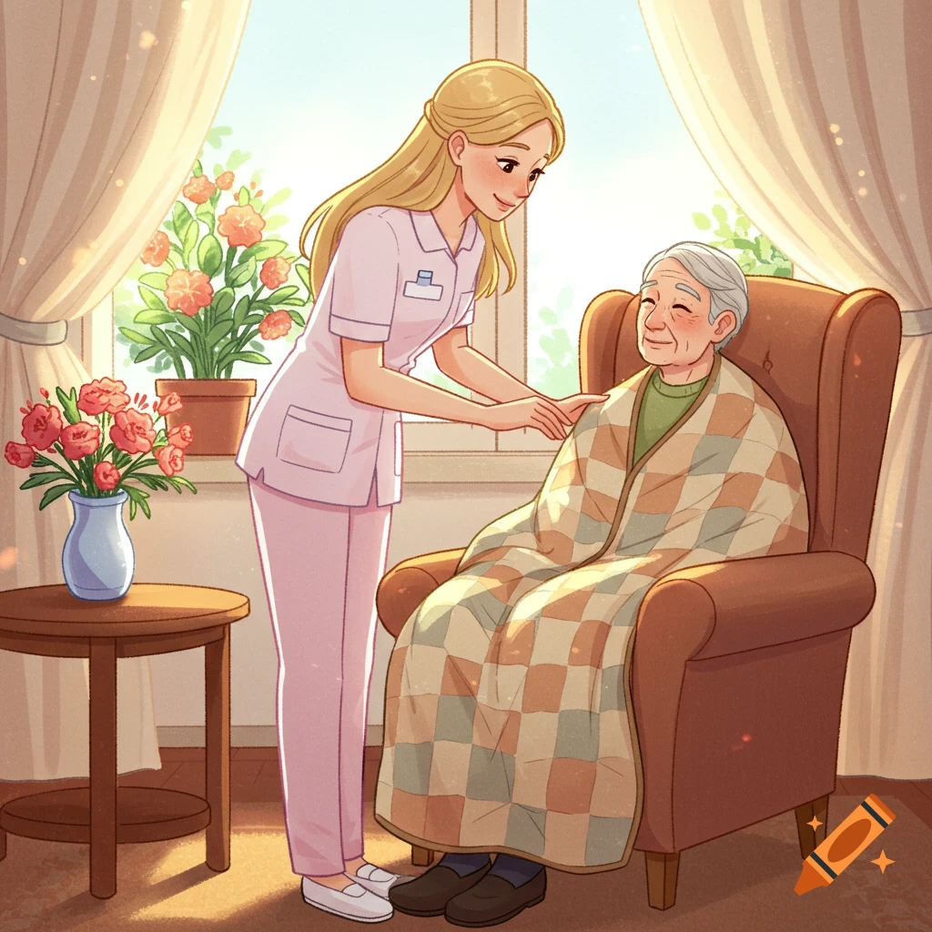 A friendly blonde carer in pink scrubs tending to a smiling elderly man wrapped in a blanket in a sunlit room, illustration.