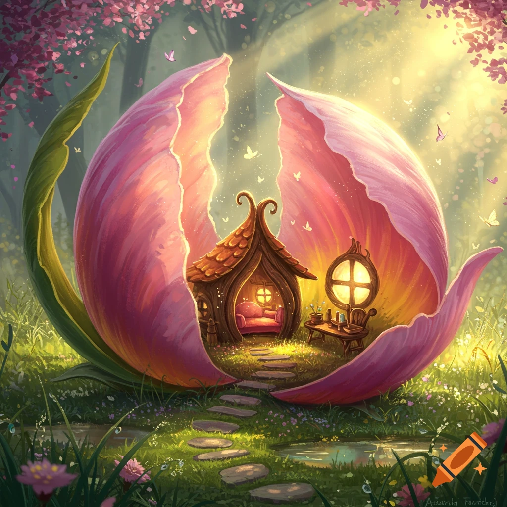 A whimsical fairy house with glowing windows nestled inside a large pink flower, surrounded by lush greenery and butterflies in a magical forest.