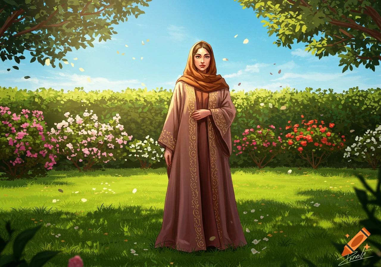 A woman in a brown abaya and hijab stands in a sunlit garden with pink and red flowering bushes, digitally illustrated.
