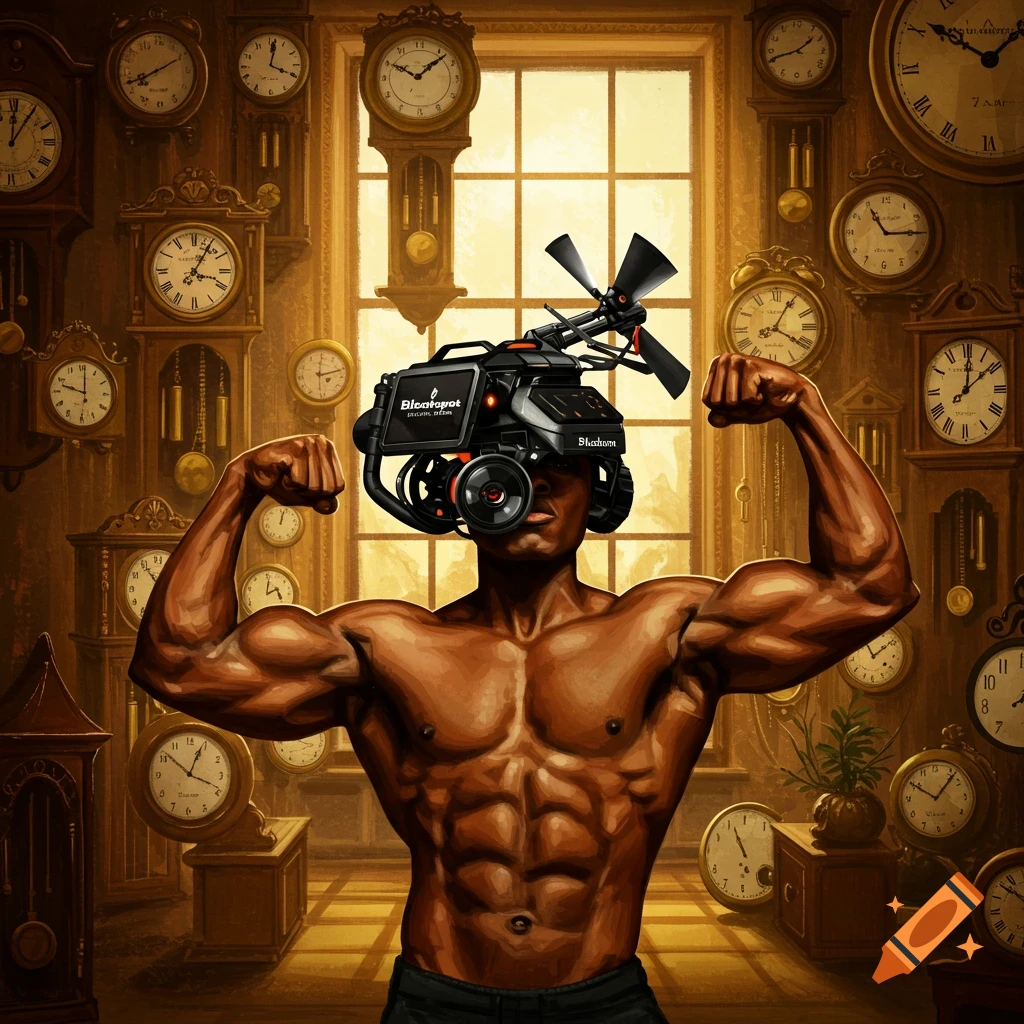 A muscular man flexing, wearing a futuristic black and orange tech device on his head, in a room filled with antique clocks.