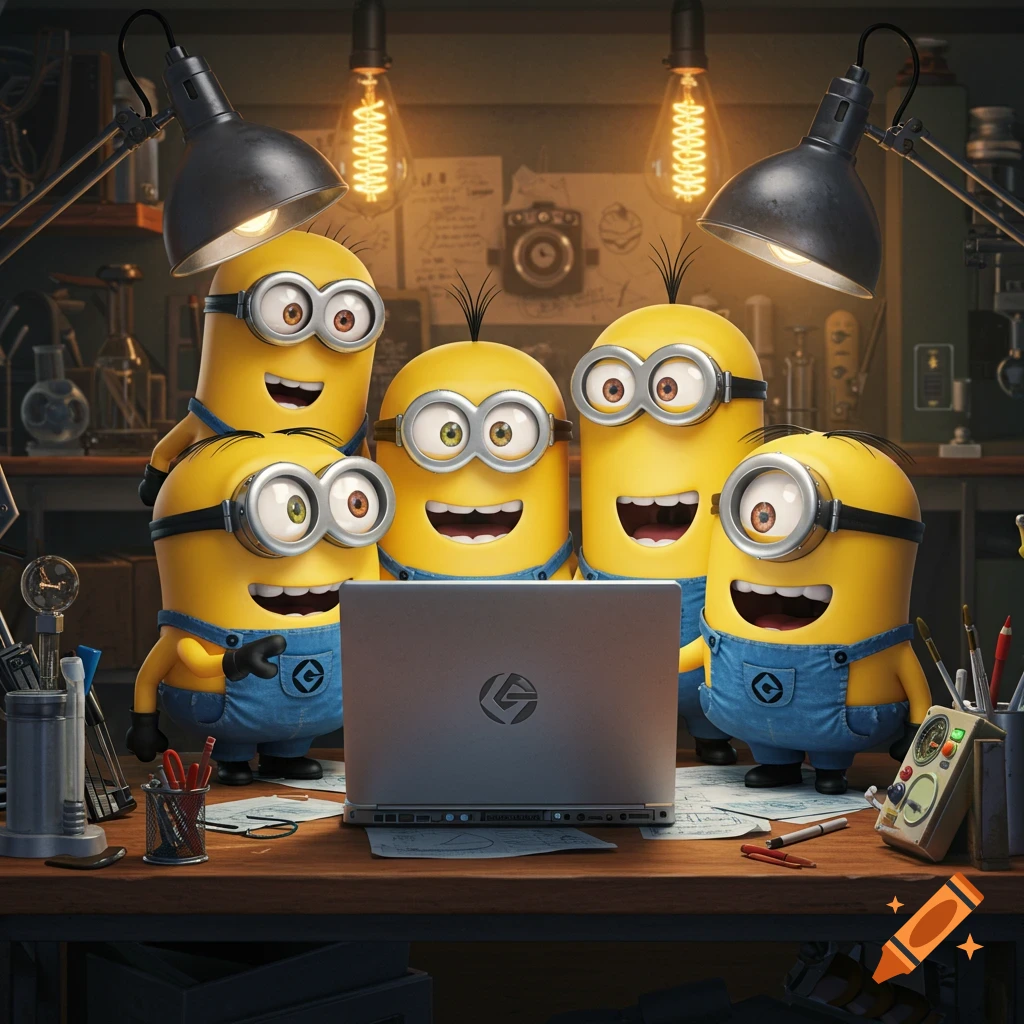 Five cheerful Minions in overalls gather around a laptop on a cluttered workbench, illuminated by desk lamps.