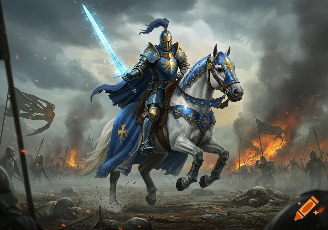 A knight in blue and gold armor rides a white warhorse through a fiery battle, holding a glowing sword.