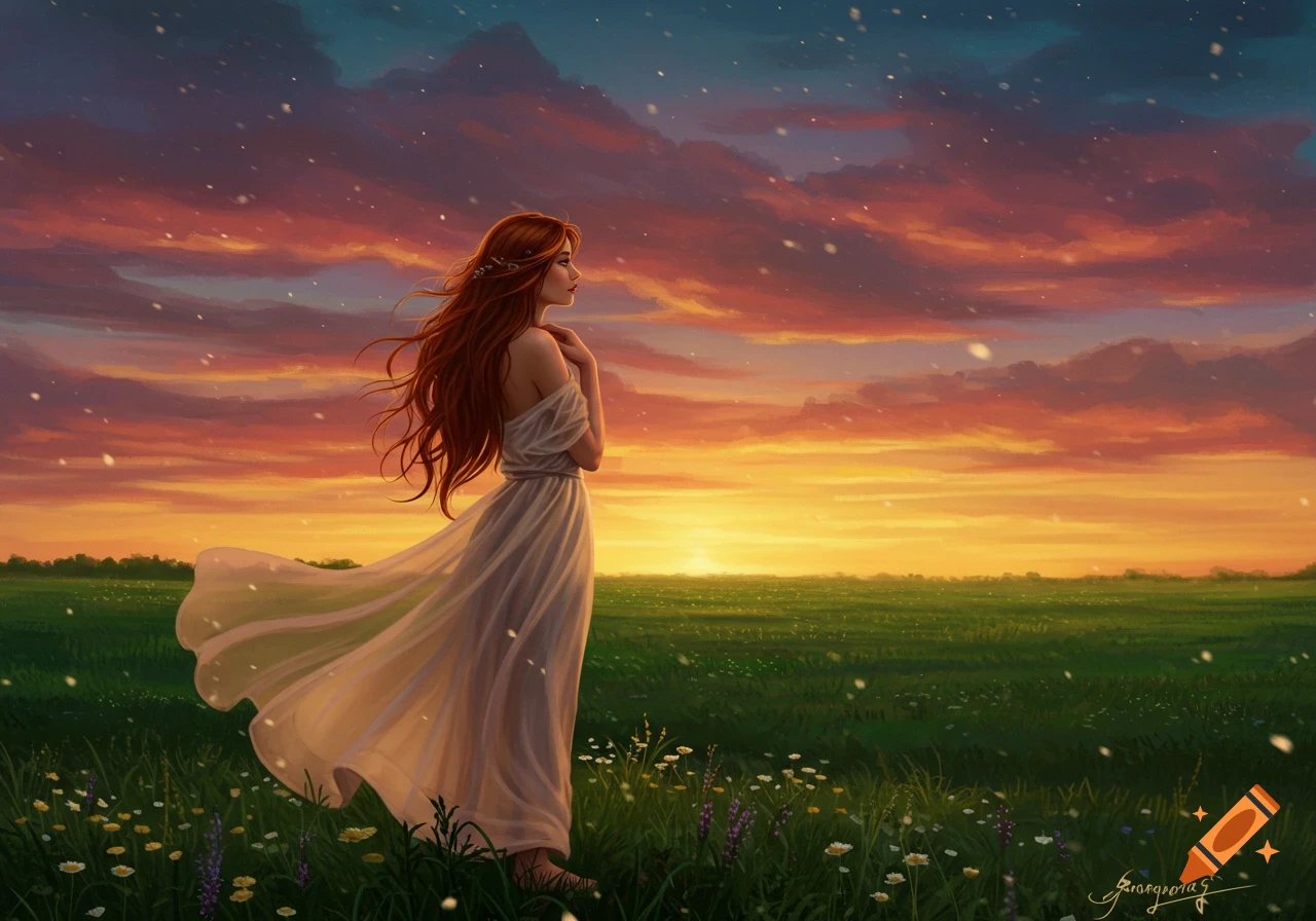 A woman with long red hair in a flowing white dress stands in a vibrant green field of wildflowers at sunset, with a colorful sky.
