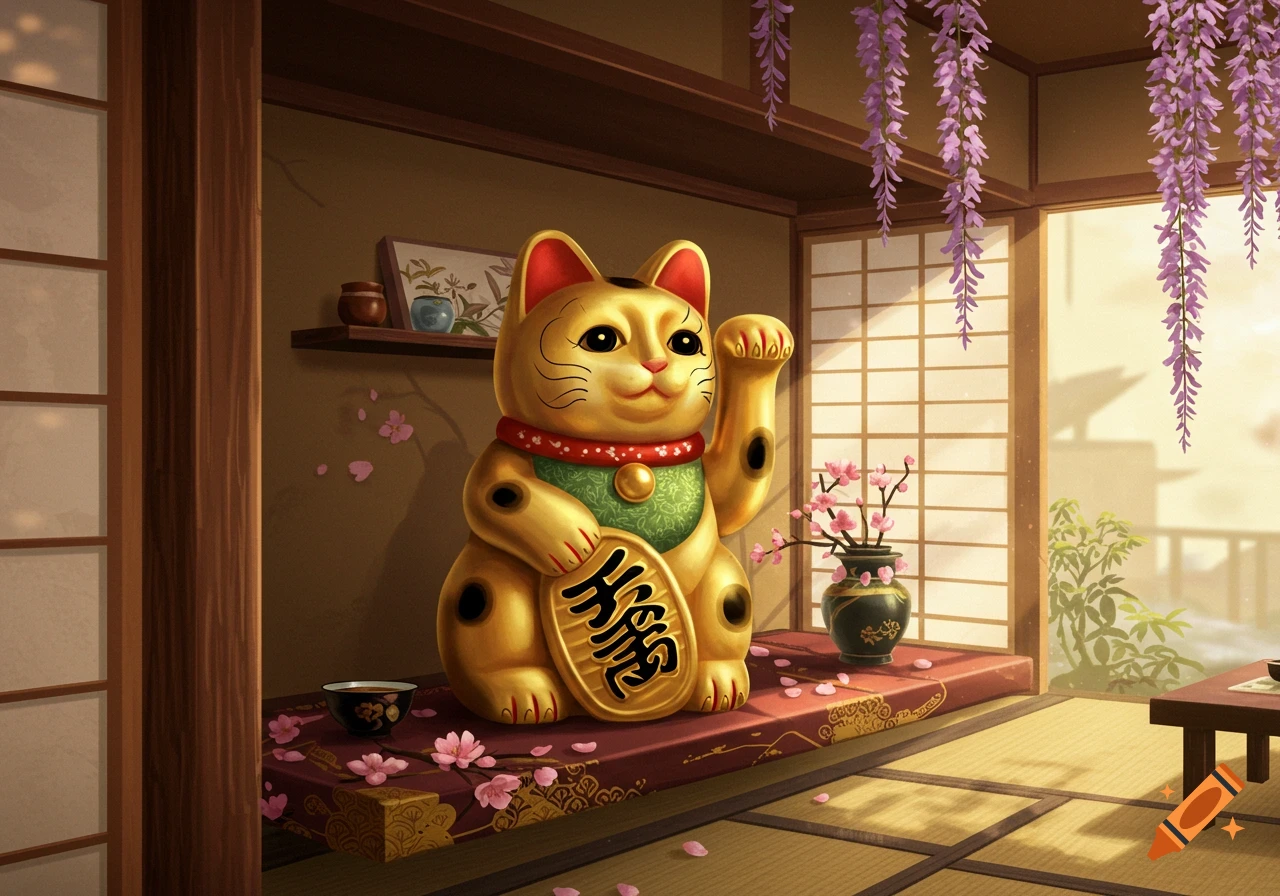 A golden Maneki-neko sits on a red stand with cherry blossoms in a traditional Japanese room with purple wisteria.