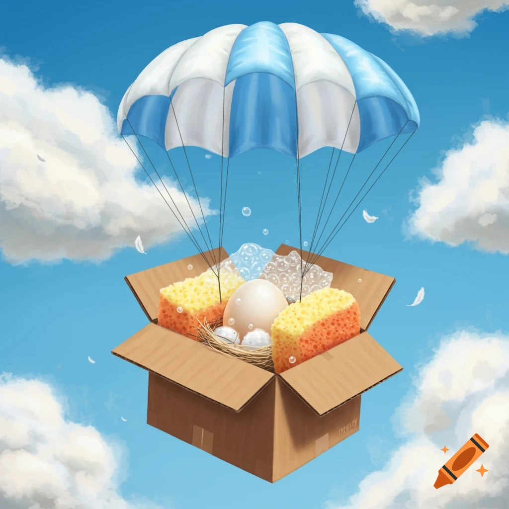 An illustrated cardboard box with an egg and sponges, protected by bubble wrap, falls from the sky with a parachute.