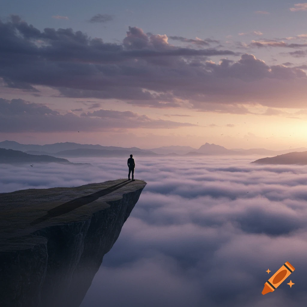 A solitary figure stands on a cliff overlooking a sea of clouds and distant mountains at sunset, photorealistic.