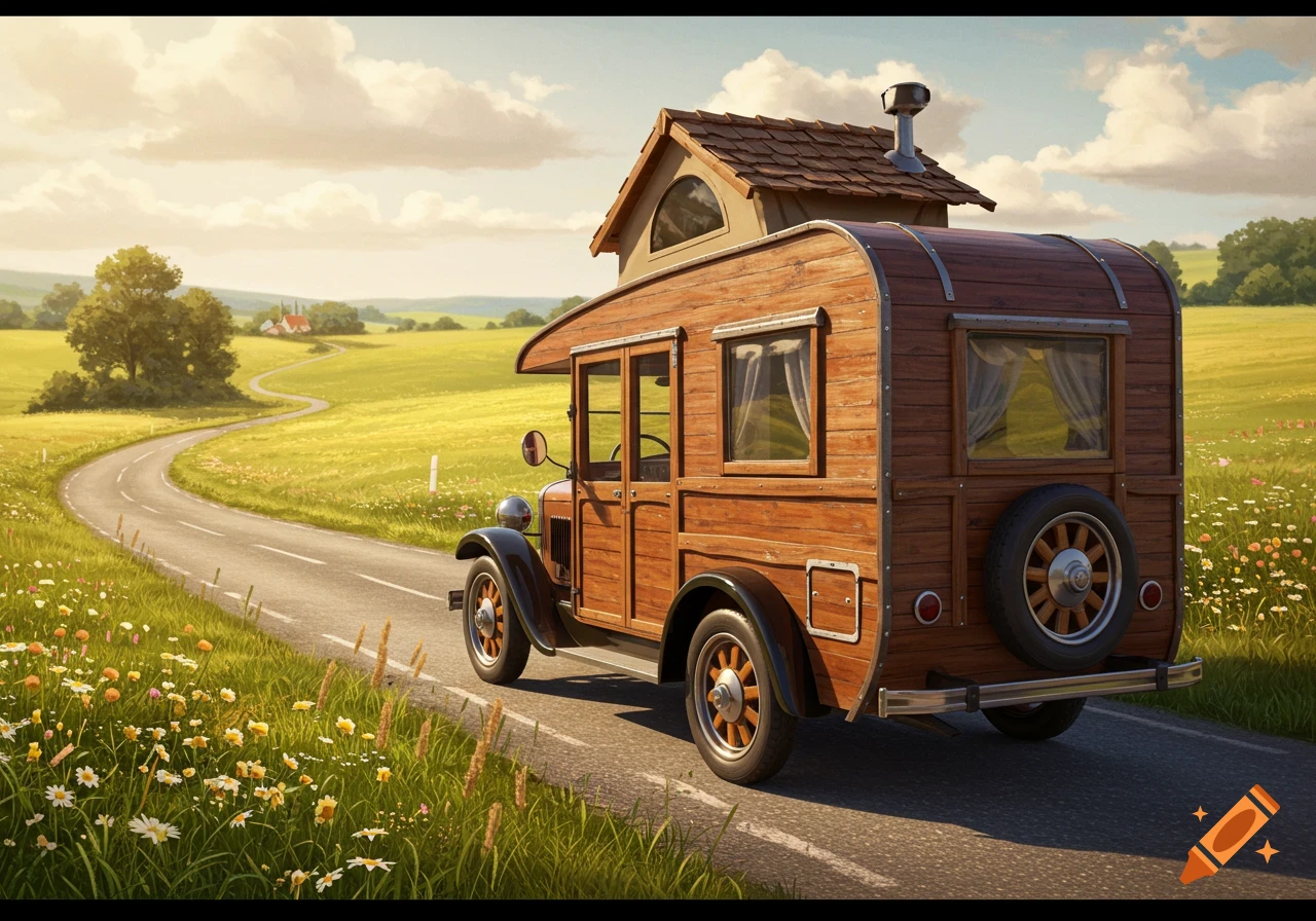A vintage wooden camper van with a small house on top drives along a winding country road through sunlit green fields.