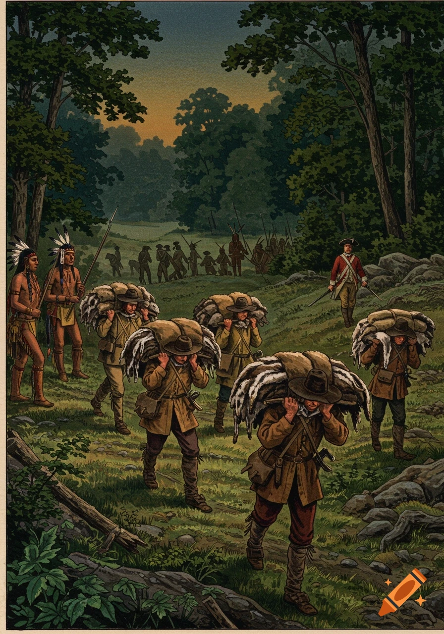 An illustration shows French fur traders carrying large fur bundles, accompanied by Native Americans, walking through a forest.