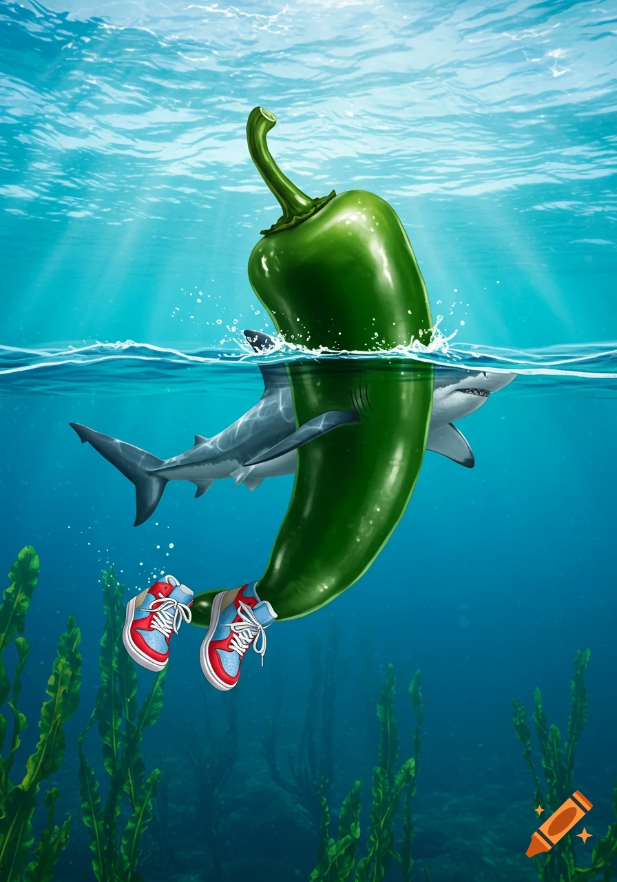 A cartoonish green jalape yo pepper with red and blue sneakers floats underwater, a shark emerges from its side.