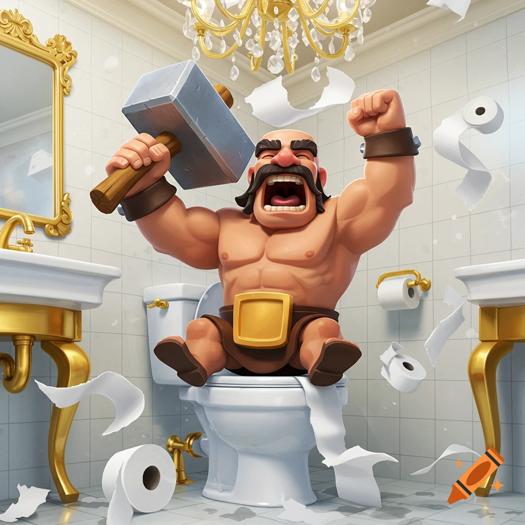 Cartoonish muscular man (Hog Rider) sits on a fancy toilet, screaming with a hammer raised amidst flying toilet paper.